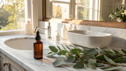 Fototapeta premium Morning sunlight highlighting skincare bottle on marble sink with eucalyptus – cozy real-life bathroom scene