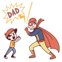 Father and son playing superhero cape mask