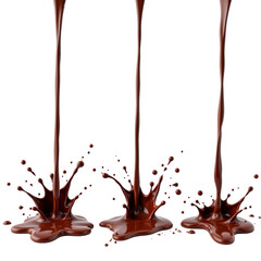 Fototapeta premium Liquid Chocolate Flowing and Splattering from Three Streams against a White Background for Culinary Art