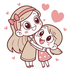 Two happy sisters hugging with pink hearts chibi cartoon