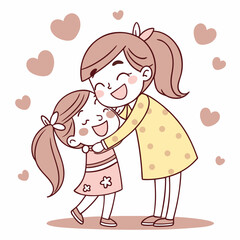 Two happy sisters hugging with hearts love family