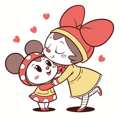 Two cute sisters hugging with hearts chibi cartoon