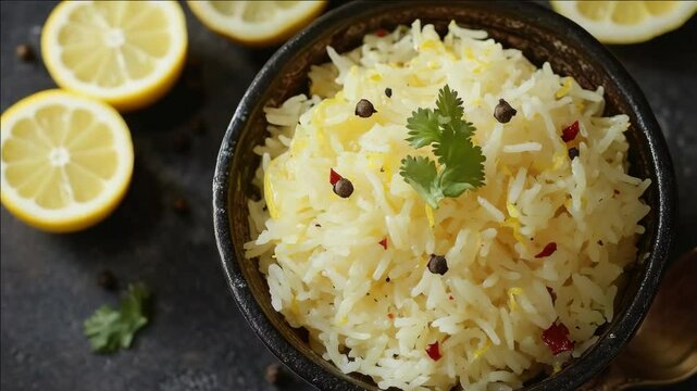 A close-up of a bowl of Indian rice dish, topped with cumin, pepper, and cilantro. The yellow lentils are garnished with lemon and saffron.