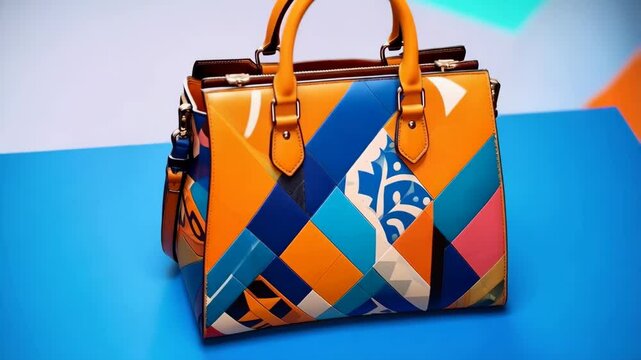 Stylish multicolored leather handbag with an interesting geometric patchwork pattern on a light blue surface against a colorful background.