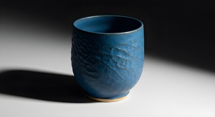Blue and red ceramic cup with decorative candle on isolated background