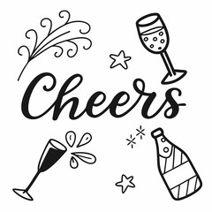 Cheers celebration with champagne and bottle typography