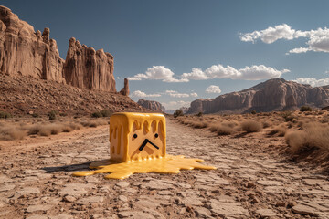 Melting Yellow Clock in Desert Landscape – Surreal Concept of Time and Decay