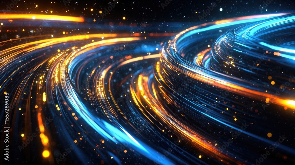 Poster abstract design with swirling, luminous lines and glowing particles.