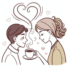 Couple sharing coffee with heart shaped steam hearts