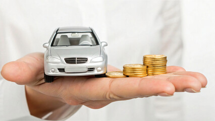hand holding a coins and car model isolated