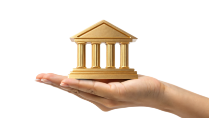 hand holding gold bank icon isolated