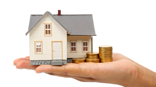 hand holding house and coins, real estate concept