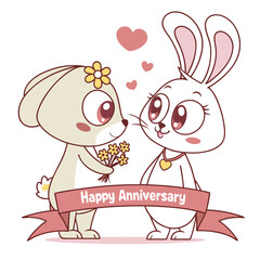 Cute bunnies with anniversary banner couple