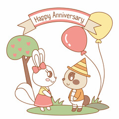 Cute animal couple celebrating anniversary with balloons