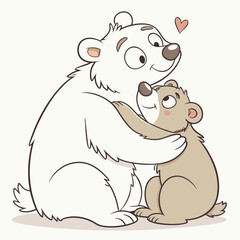 White and brown bears hugging with love cubs affection