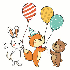 Cute animals holding balloons cartoon bear