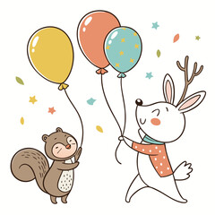 Cute squirrel and deer with balloons cartoon animals