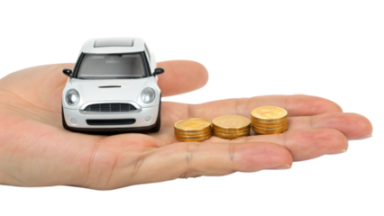 hand holding a coins and car model isolated