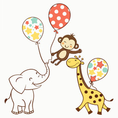 Adorable animals with festive balloons elephant giraffe