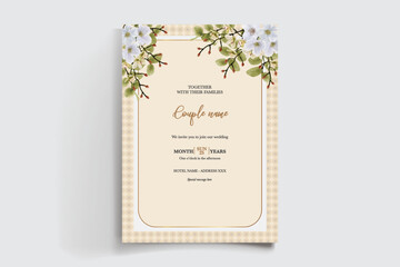 WEDDING INVITATION FRAME WITH FLOWER DECORATIONS AND FRESH LEAVES