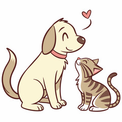 Friendly dog and cat with heart friendship cute