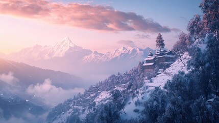 Majestic mountain temple bathed in soft morning light snowy landscape