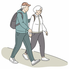 Elderly couple walking hand in hand outdoors casual