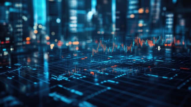 Futuristic cityscape with digital data overlay.