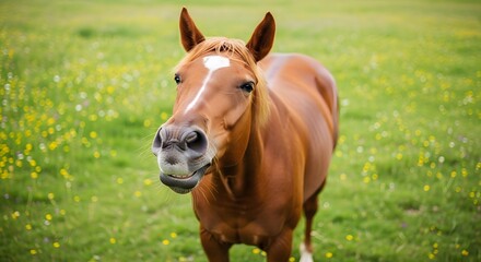 Fototapeta premium Smiling Chestnut Horse in Meadow, White Blaze, Green Field, Sunny Day.