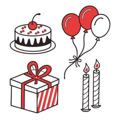 Festive celebration objects with cake balloons gift and candles
