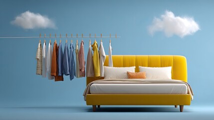 A bed with a yellow fabric headboard hangs on a clothesline, with a clothespin attached to it. The background features white clouds in a blue sky, resembling a promotional poster for a furniture store