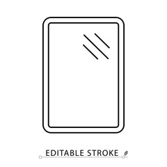A mirror icon in minimalist style with editable stroke. Home interior element, bathroom accessory, reflective surface, hygiene object, furniture detail, outline drawing, vector line illustration.