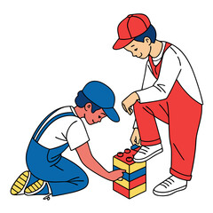 Boys building colorful toy blocks together children