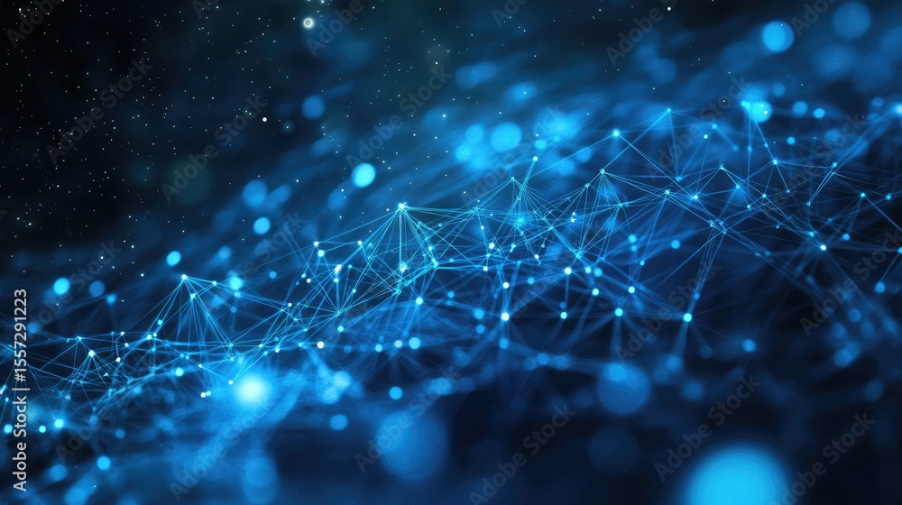 Poster complex network of interconnected points and lines in deep blue.