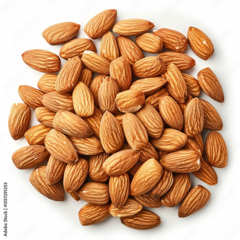 Poster shelled almonds are forming a circle on a white background, creating an appealing image for healthy 