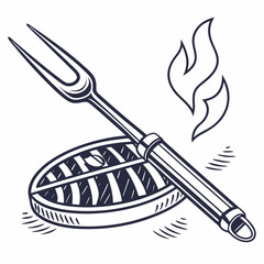 Grill fork with steak and flames barbecue grilling