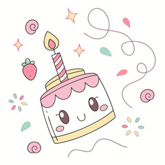 Kawaii birthday cake with strawberry and sparkles cute