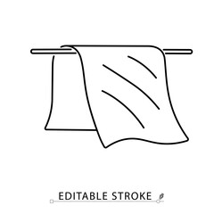 A cloth on bar icon in minimalist style with editable stroke. Hanging fabric, drying textile, household cleaning, laundry element, towel or rag, clothing care, outline object