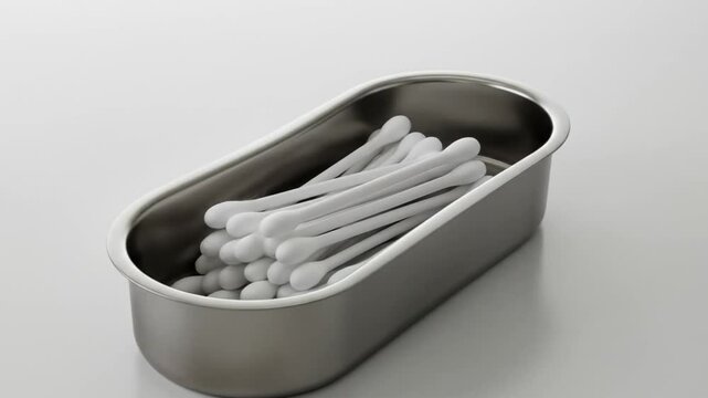 Cotton swabs rest in metallic container