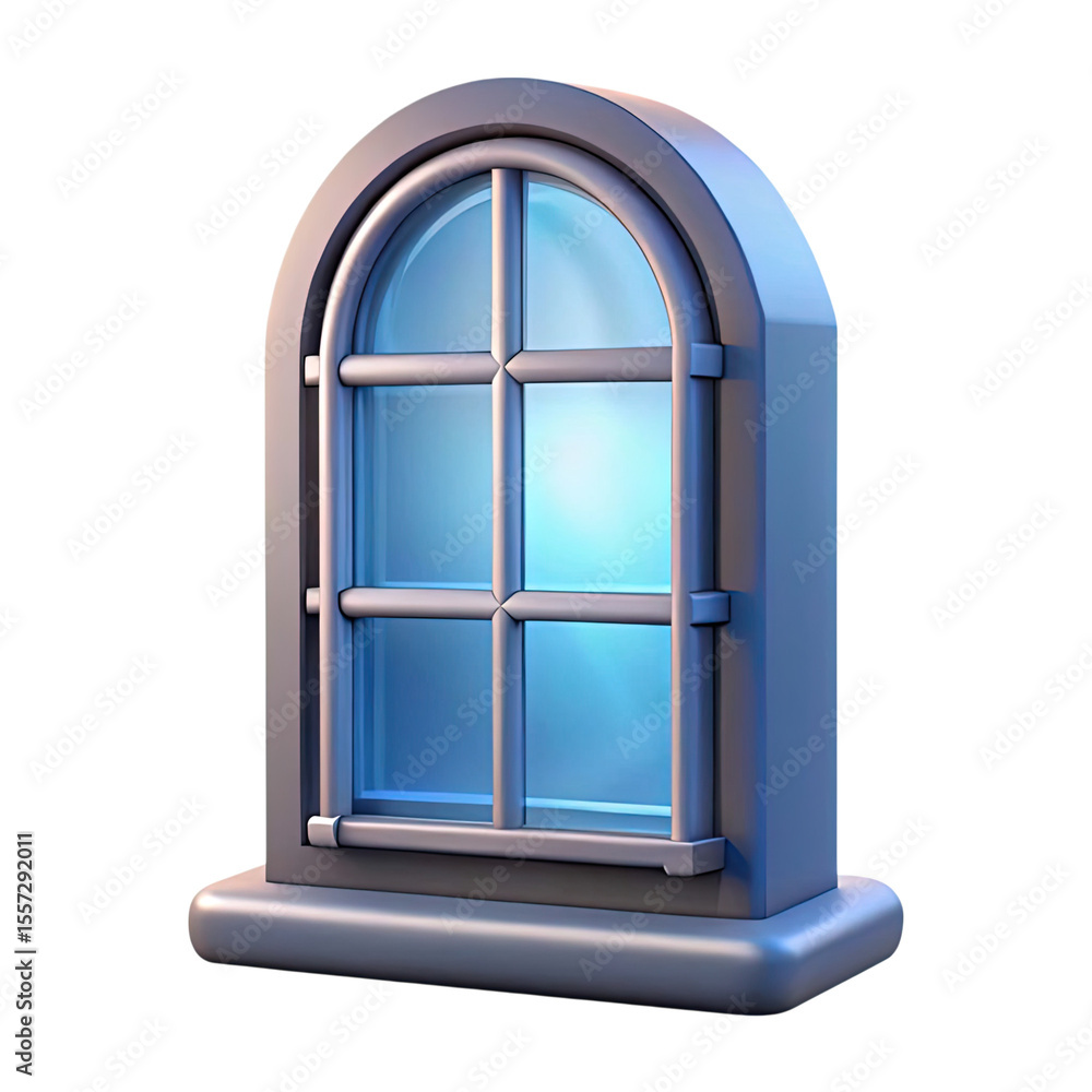 Aufkleber A stylized arched window with multiple panes and a silver frame isolated on transparent background