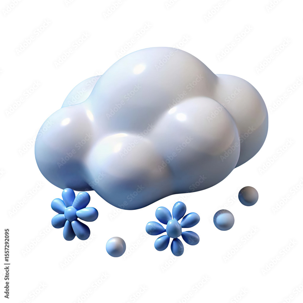 Fototapete whimsical 3d rendering of a puffy white cloud with falling blue flowers and snowballs isolated on tr