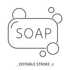 A bar of soap icon in minimalist style with editable stroke. Hygiene product, bathroom item, hand washing, skincare tool, sanitation object, cleaning symbol, outline drawing, vector line illustration.