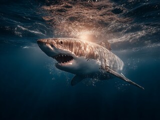 Fototapeta premium Great white shark in deep ocean. Sunlight beams through water