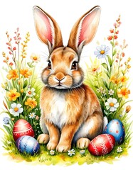 bunny and easter eggs watercolor holiday card.