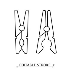 Clothespins icon in minimalist style with editable stroke. Laundry accessory, drying clip, household item, clothing care tool, peg symbol, sanitation object, outline drawing, vector line illustration.