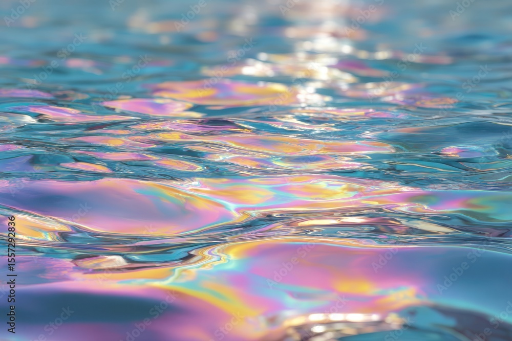 Poster holographic shimmer reflecting vibrant patterns on serene water surface, dynamic backdrop highlighti