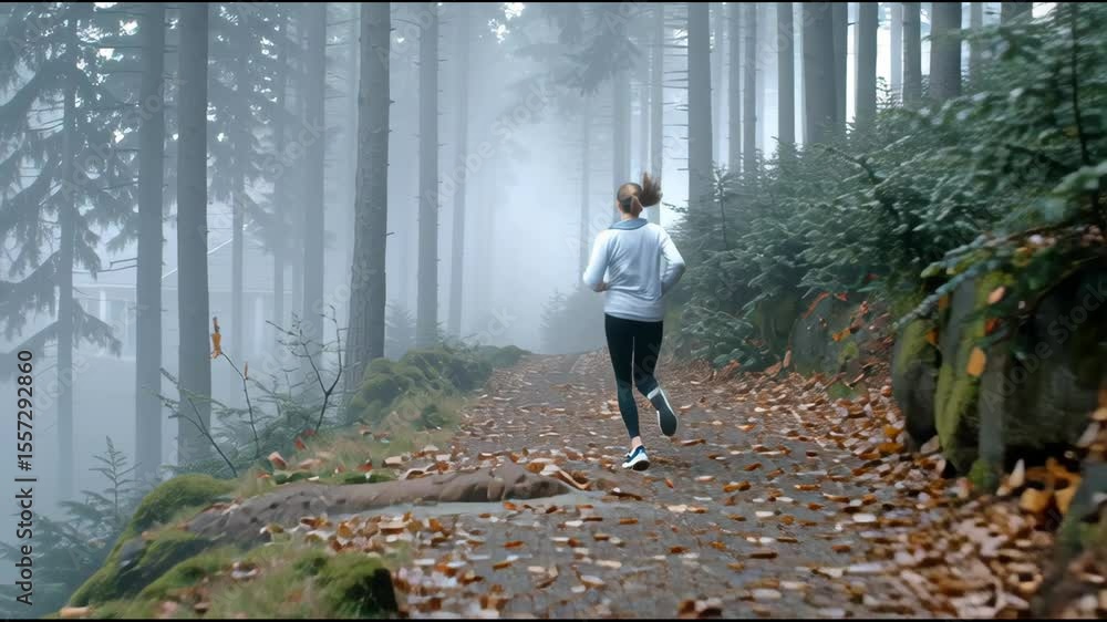 Poster a woman is running through a forest with trees in the background