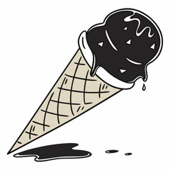 Melting black ice cream cone dripping vector
