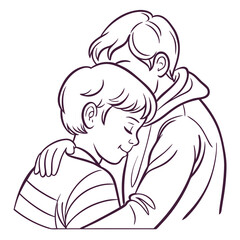 Brothers embrace tenderly in simple line art family