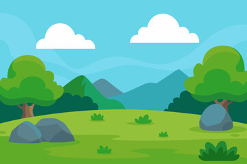 Fototapeta premium A Wide Angle View Of A Cartoon Nature Landscape With Lush Green Hills And A Big Sky